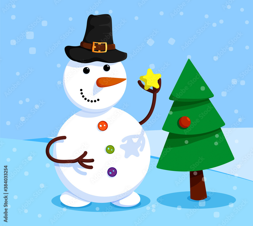 cheerful snowman is decorating the Christmas tree. Winter landscape and snowman. Meeting of Christmas and New Year. Winter fun. Cartoon vector