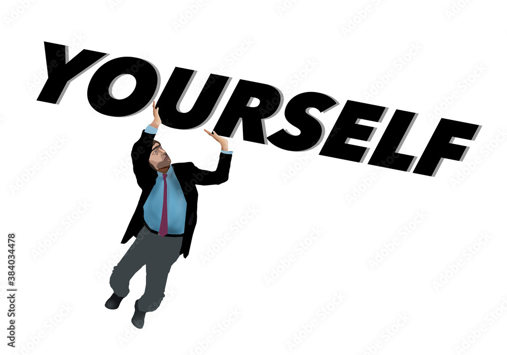 Lift yourself up is the theme of this image a man lifting the word “yourself”. Lift yourself up is the theme of this image a man lifting the word “yourself”.
