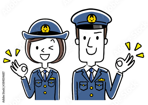 イラスト素材：男性警察官と女性警察官、OKサイン
