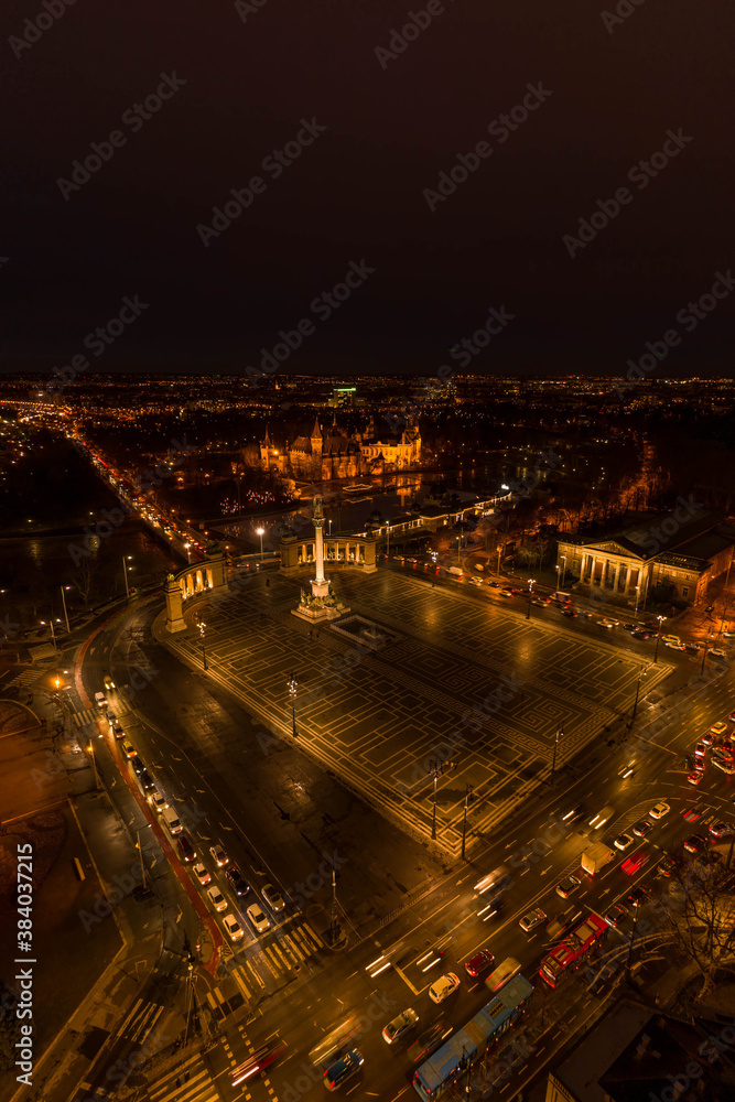 Aerial drone shot of Museum fine art Vajdahunyad Castle at Heroes Square in Budapest night
