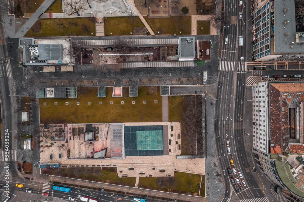 Aerial overhead shot of Francis Park in morning in Budapest downtown