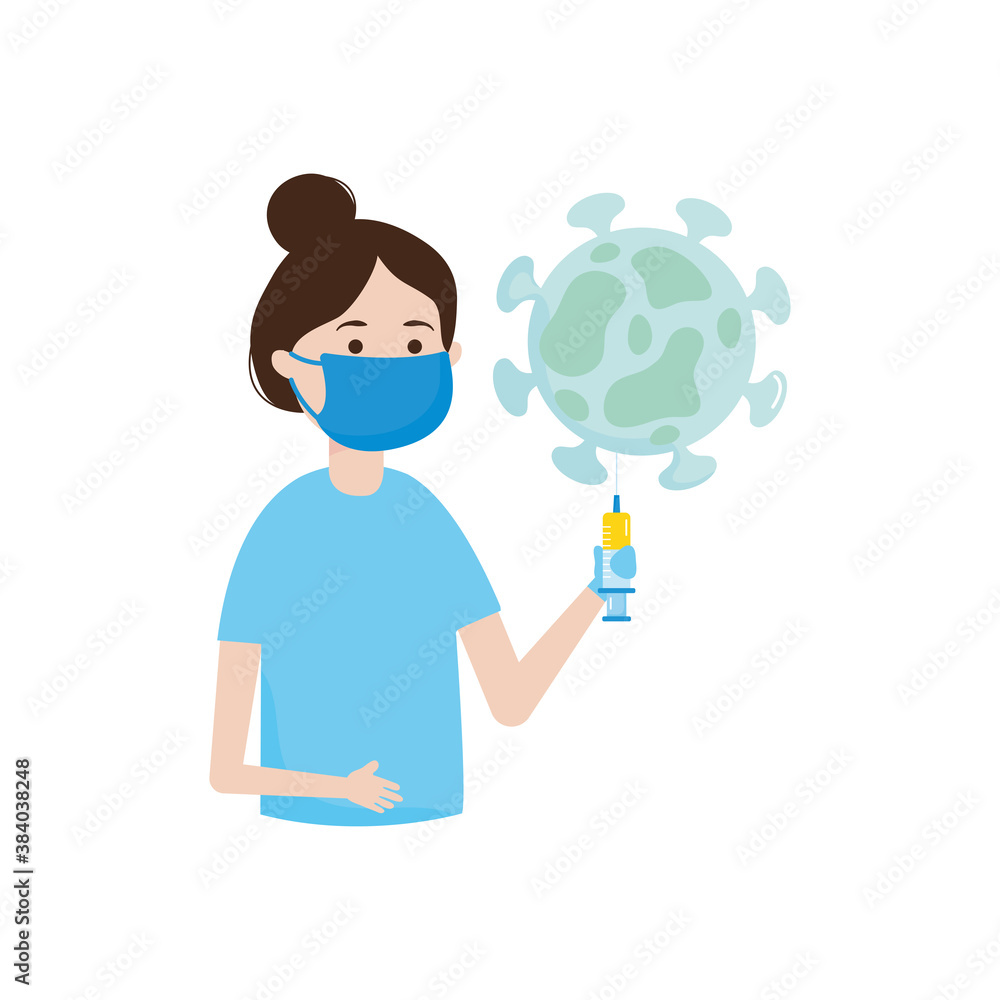 cartoon woman holding a vaccine and coronavirus icon, colorful design