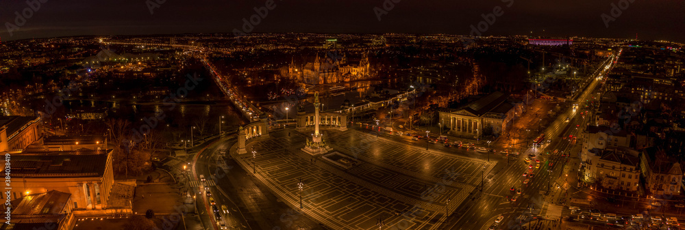 Fototapeta Aerial pano drone shot of Museum fine art Vajdahunyad Castle at Heroes Square in