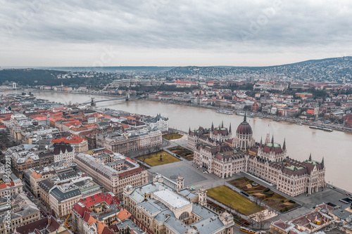 Aerial drone shot of Hungarian Parliament by Danube in Kossuth Square before Budapest sunrise