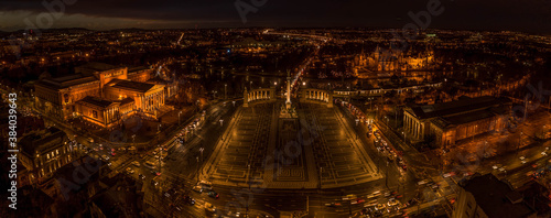 Photography Aerial pano drone shot of Museum fine art Vajdahunyad Castle at Heroes Square in