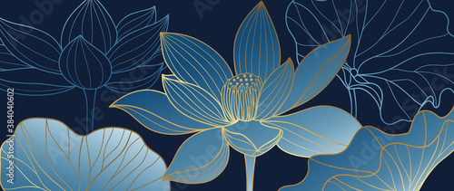 Luxurious blue background design with golden lotus. Lotus flowers line arts design for wallpaper, natural wall arts, banner, prints, invitation and packaging design. vector illustration.