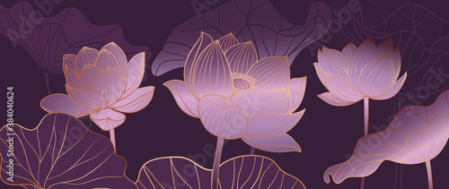 Luxurious Purple background design with golden lotus. Lotus flowers line arts design for wallpaper, natural wall arts, banner, prints, invitation and packaging design. vector illustration.