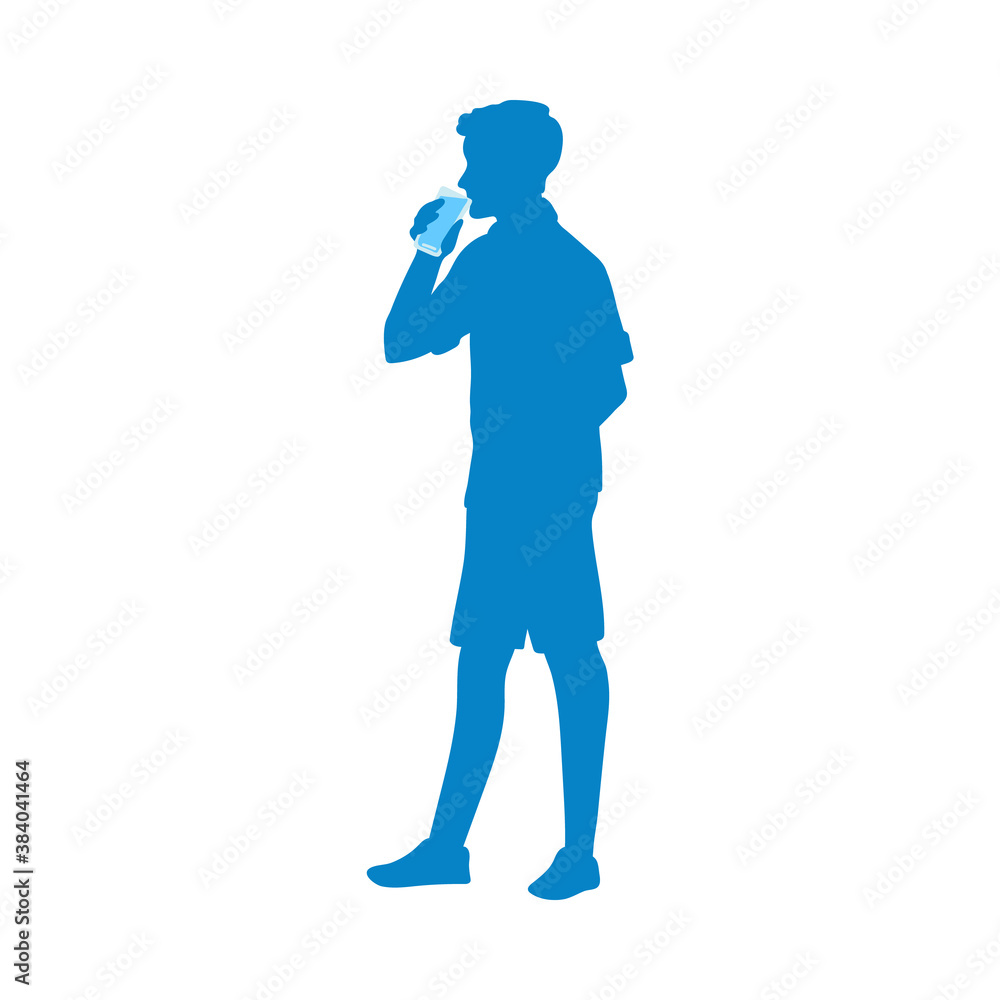 Blue silhouette of young man with a water glass a vector isolated illustration Blue silhouette of young man with a water glass a vector isolated illustration
