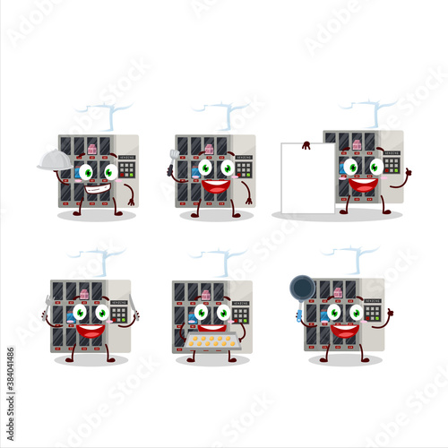 Cartoon character of among us vending machine with various chef emoticons