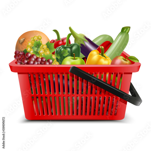 3d realistic vector supermarket  food carts plastic red empty baskets with black handle with fruit and vegetables inside, apples, grapes. Isolated on white background.