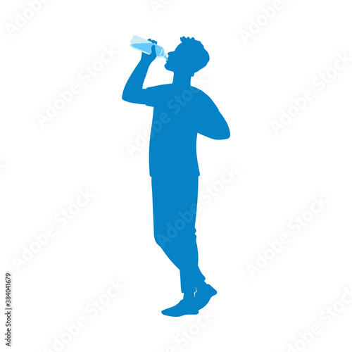 Blue person silhouette drinking water, flat cartoon vector illustration isolated