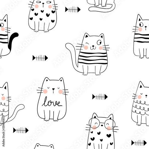 Draw pattern happy cat. Doodle cartoon style.