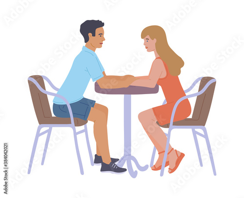 Loving couple having romantic date at street cafe a vector isolated illustration