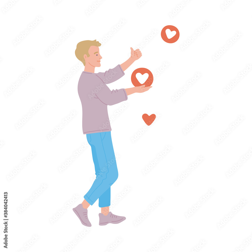 Man social media influencer getting likes flat vector illustration isolated. Man social media influencer getting likes flat vector illustration isolated.