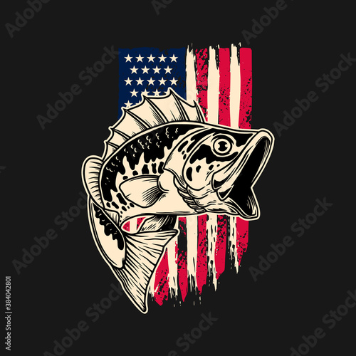 Illustration of bass fish of background of usa flag in grunge style. Design element for poster,card, banner, sign, emblem. Vector illustration
