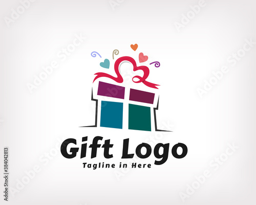 Gift box, gift package square surprise birthday, party love logo design illustration, gift shop logo