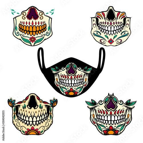 Set of illustrations of human jaw bone from mexican sugar skulls. For printing on face guard medical masks. Vector illustration