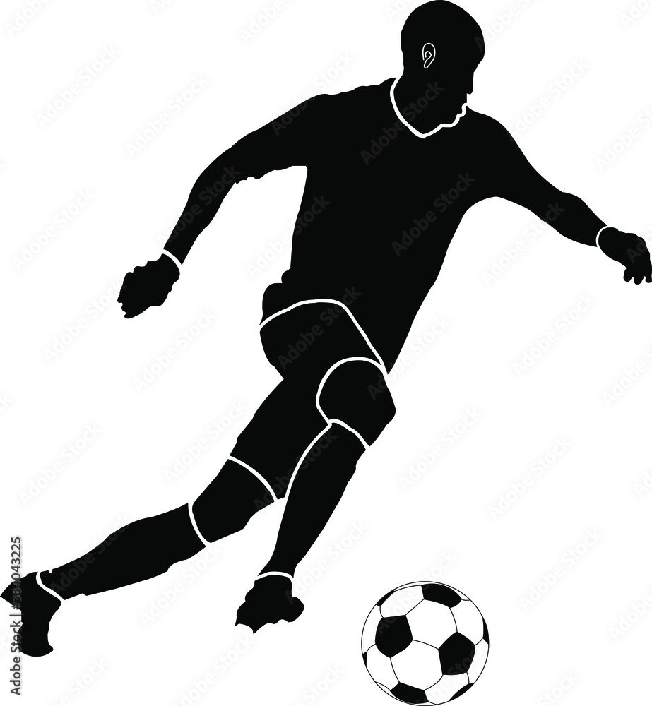 soccer ball player running with ball, isolated vector silhouette. sport man in black color.