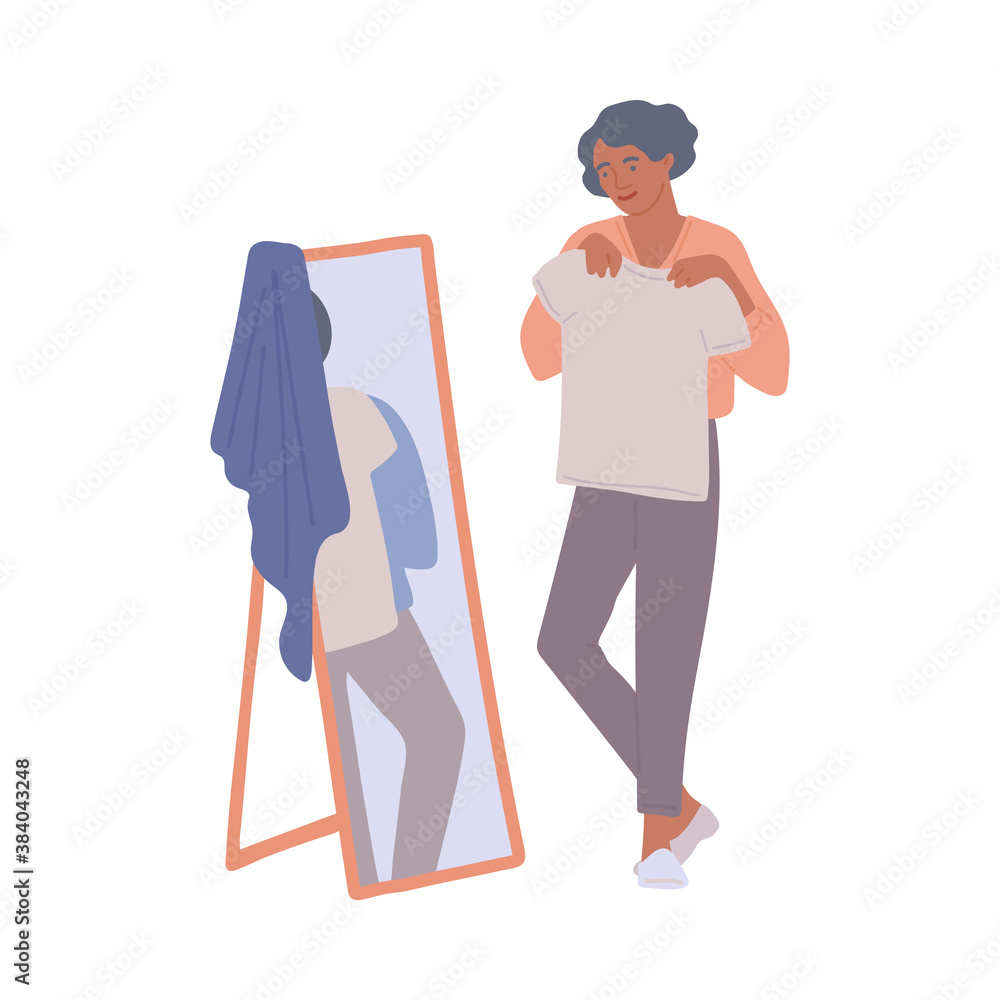 Fototapeta premium African American woman trying on new clothes flat vector illustration isolated.