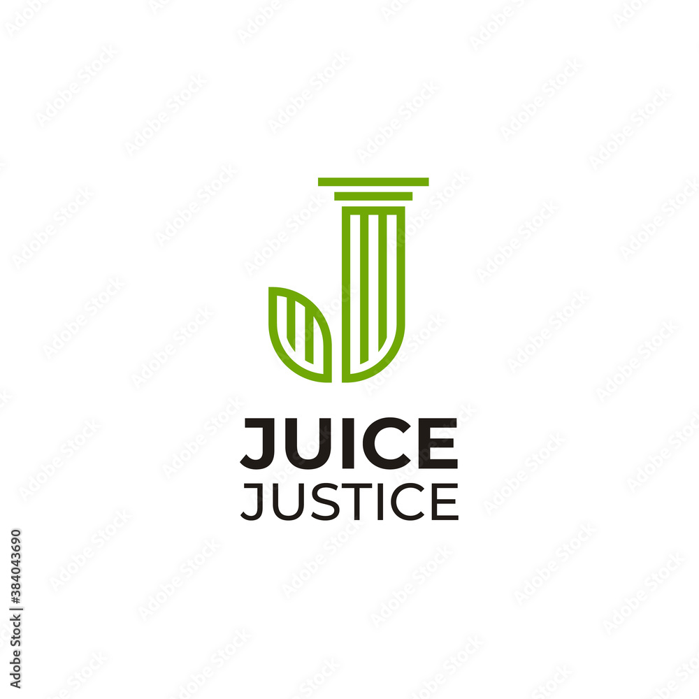 Initial Letter J Juice Justice with Leaf and Column Pillar Building logo design Initial Letter J Juice Justice with Leaf and Column Pillar Building logo design