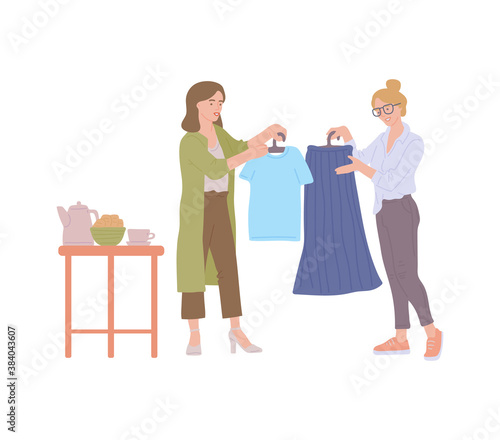 Young girl offering old wardrobe for exchange on swap party, sketch vector illustration isolated.