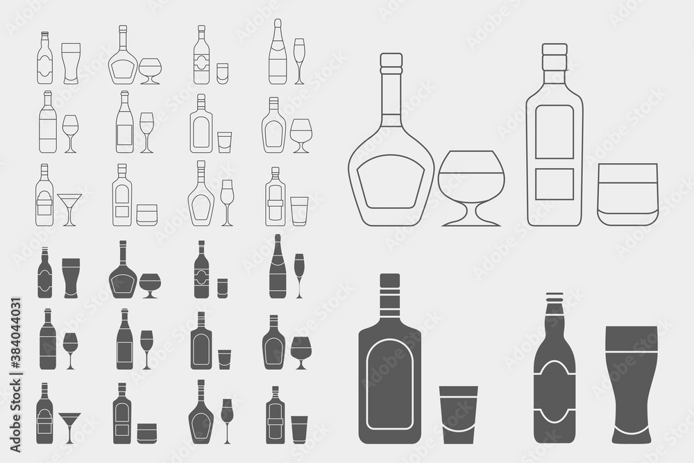Alcohol drink Icons set - Vector outline symbols and silhouettes of glass, bottle, wine, beer, champagne, whiskey, vodka, cognac and others for the site or interface Alcohol drink Icons set - Vector outline symbols and silhouettes of glass, bottle, wine, beer, champagne, whiskey, vodka, cognac and others for the site or interface