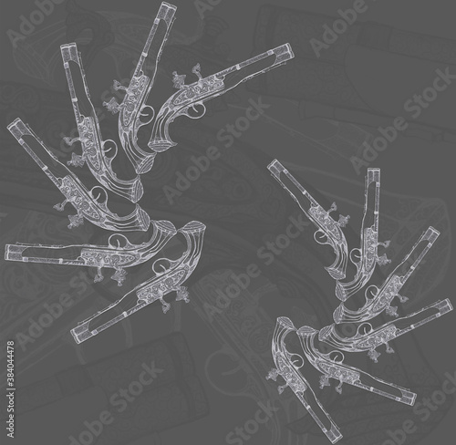 Drawing of ornate, old-fashioned, hand carved flintlock pistols in a swirly fluid pattern photo