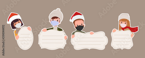 Merry christmas label banner collection with cartoon people wearing face mask.