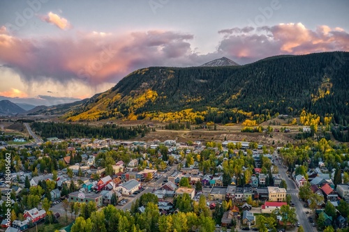 Aerial View of the Popular Ski Town of Crested Butte, Colorado in Peak Autumn Colors
