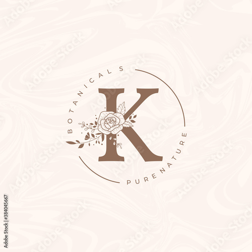 Letter K Botanical Flowers . Initial Wedding Monogram Font Logo. Circle Floral Rose Logo