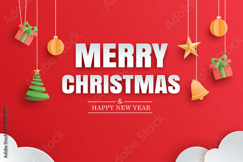 Merry christmas and happy new year red greeting card in paper art banner template. Use for header website, cover, flyer.