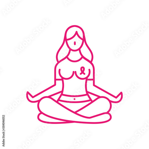 breast cancer woman doing yoga with ribbon tshirt line style icon vector design
