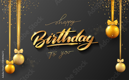 Happy Birthday typography vector design for greeting cards and poster with balloon, confetti and gift box, elegant design with gold and black color, design template for birthday celebration.