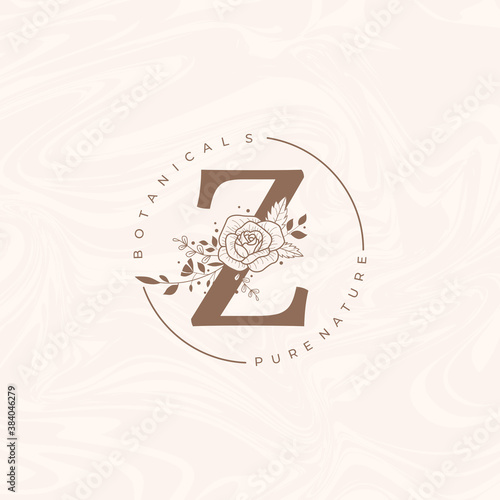 Letter Z Botanical Flowers . Initial Wedding Monogram Font Logo. Circle Floral Rose Logo