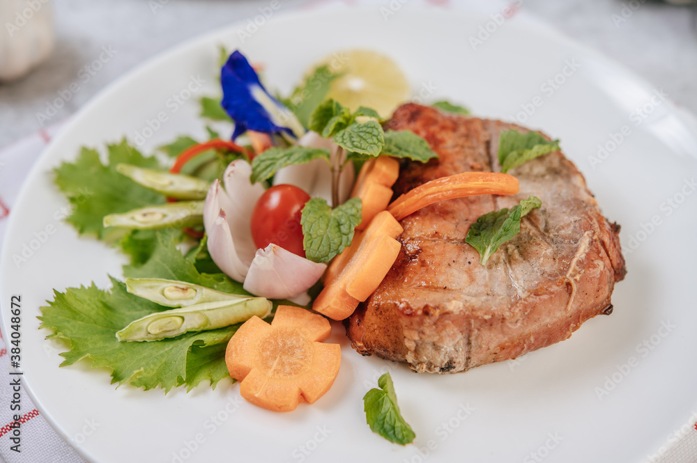 Pork Steak with Tomato, Carrot, Red Onion, Peppermint, Butterfly Pea Flower, and Lime. Pork Steak with Tomato, Carrot, Red Onion, Peppermint, Butterfly Pea Flower, and Lime.