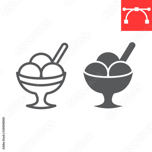 Ice cream in bowl line and glyph icon, dessert and cold, sorbet sign vector graphics, editable stroke linear icon, eps 10.