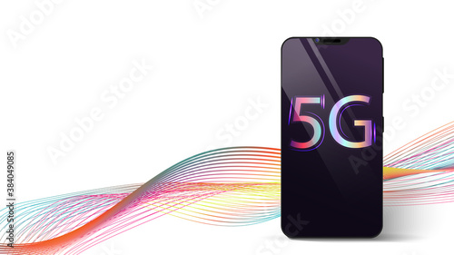 5g technology. Black smartphone with the inscription 5g, the work of the neural network, high speed of the Internet.