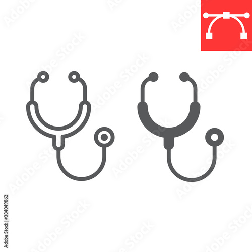 Stethoscope line and glyph icon, medical and doctor, physical examination sign vector graphics, editable stroke linear icon, eps 10.