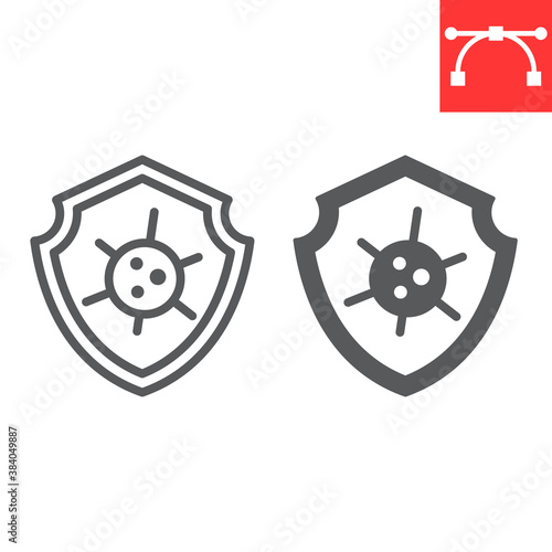 Virus protection line and glyph icon, HIV and coronavirus, virus shield sign vector graphics, editable stroke linear icon, eps 10.