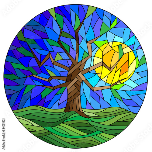 Illustration in the stained glass style with an abstract tree on a Sunny sky background, round image