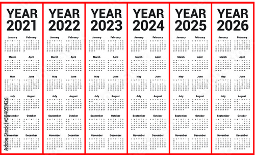 Year 2021 2022 2023 2024 2025 2026 calendar vector design template, simple and clean design