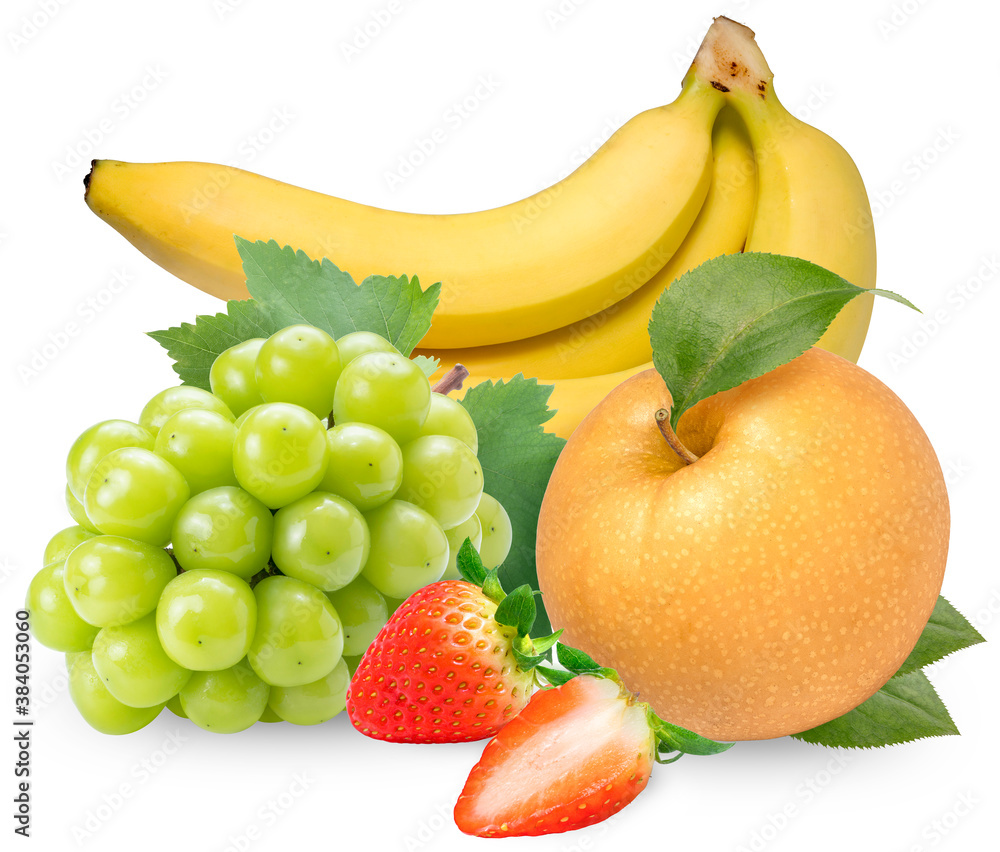 Banana Strawberry Snow Pear and Green grape with leaves isolated on white background With clipping path. Banana Strawberry Snow Pear and Green grape with leaves isolated on white background With clipping path.