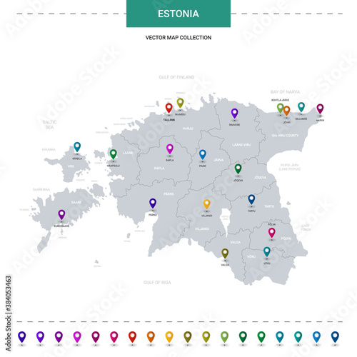 Estonia map with location pointer marks. Infographic vector template  isolated on white background.