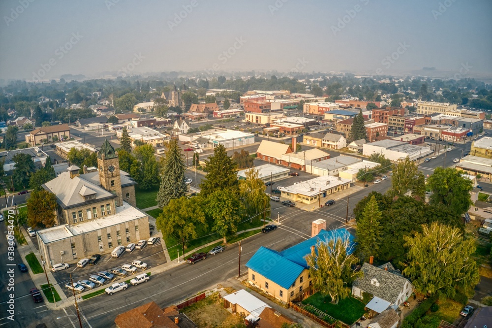 Aerial View of Baker City, Oregon on a hazy Day