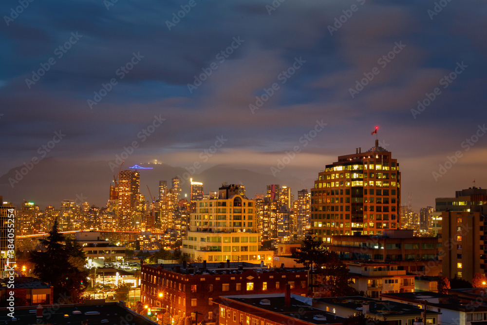 Vancouver, Canada - Circa 2020: Downtown Vancouver illuminated at night