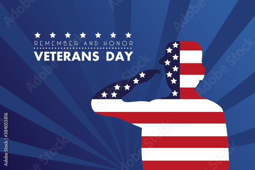happy veterans day lettering with soldier saluting usa flag