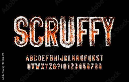 Scruffy alphabet font. Messy vintage letters, numbers and symbols. Stock vector typescript for your typography design.