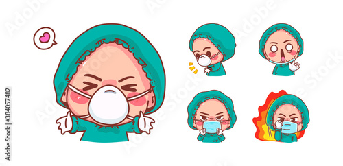 Cute nurse shocked and fight isolated on white background with character design.