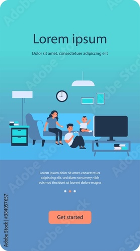 Happy children watching TV at home. Kids sitting on couch in living room flat vector illustration. Leisure time, movie, show concept for banner, website design or landing web page