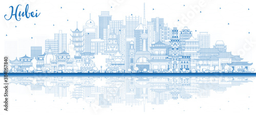 Outline Hubei Province in China. City Skyline with Blue Buildings and Reflections.